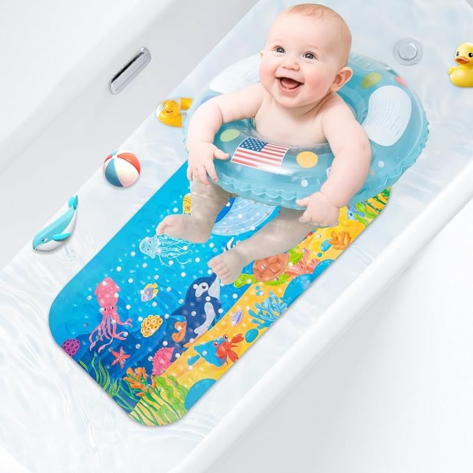 Kids Bath Mat with Ocean Theme Design, 27.6 X 13.8 inches, Non-Slip with 140 Suction Cups, Cartoon Sea Animals Pattern (Small Whale + Dolphin, 27.6 X 13.8in)