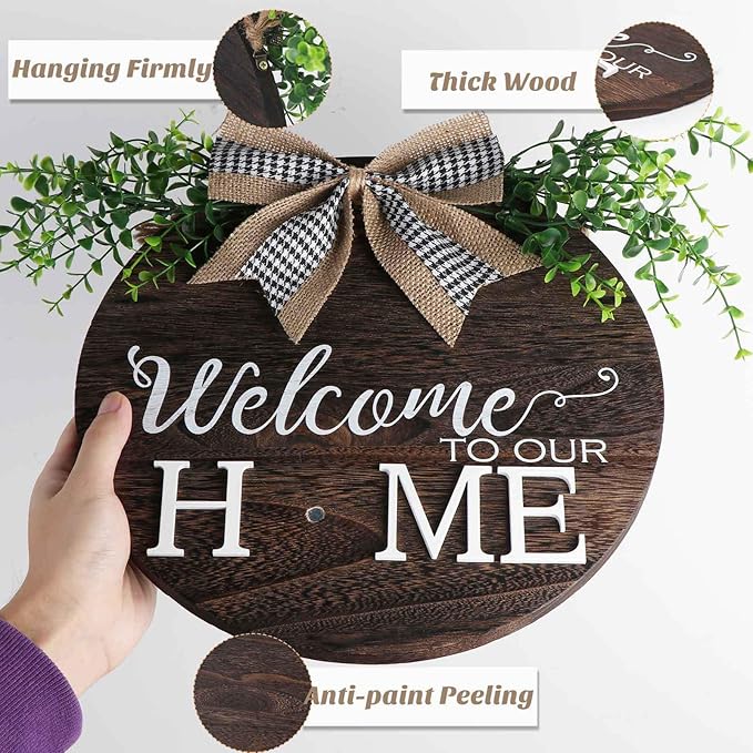 Interchangeable Welcome to Our Home Sign, Equipped with 16 Replaceable Icons, Farmhouse Front Door Signs Wooden Wreath Suitable for All Seasons Holiday Halloween Christmas (12x12 Inch)
