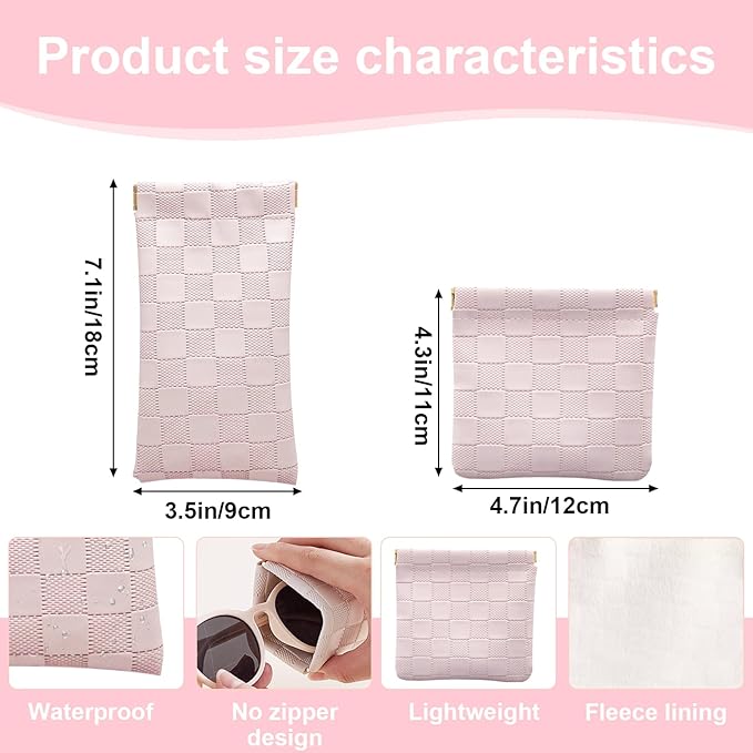 4PCS Small Makeup Bag for Purse, Mini Leather Pocket Cosmetic Bag for Women, Waterproof Portable Makeup Pouch No Zipper Coin Purse Lipstick Bag Accessories, Checkered Travel Storage Bag(White, Pink)