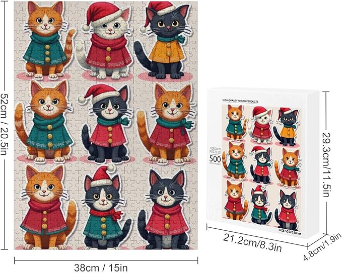 Wooden Puzzle 500 Pieces Adult - Christmas Cat Puzzle Christmas Puzzles, Holiday Puzzles, Family Toys, Party Games, Jigsaw Puzzle Challenge and Funny