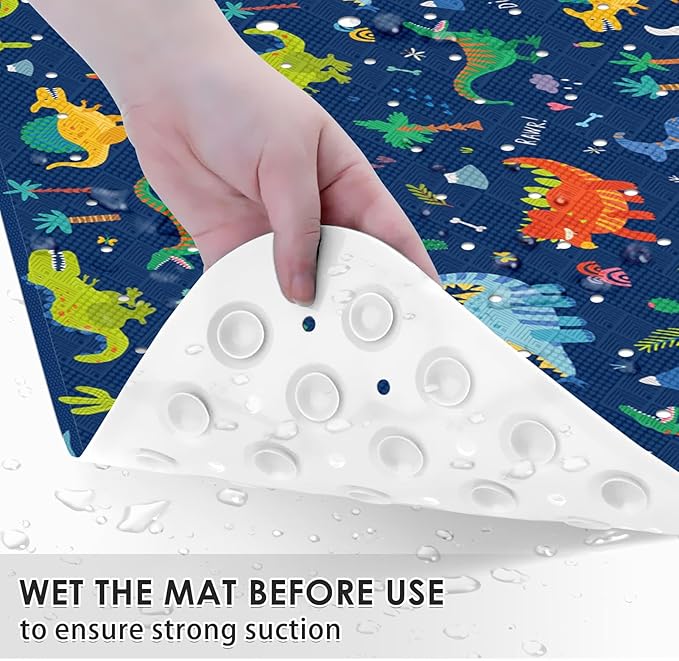 Baby Bath Mat for Tub for Kids, Cute Dino Animal 40 X 16 Inch Extra Long Toddler Bathtub Non Slip Cartoon Dinosaurs Shower Mat for Tub Anti Slip with Suction Cups and Drain Holes