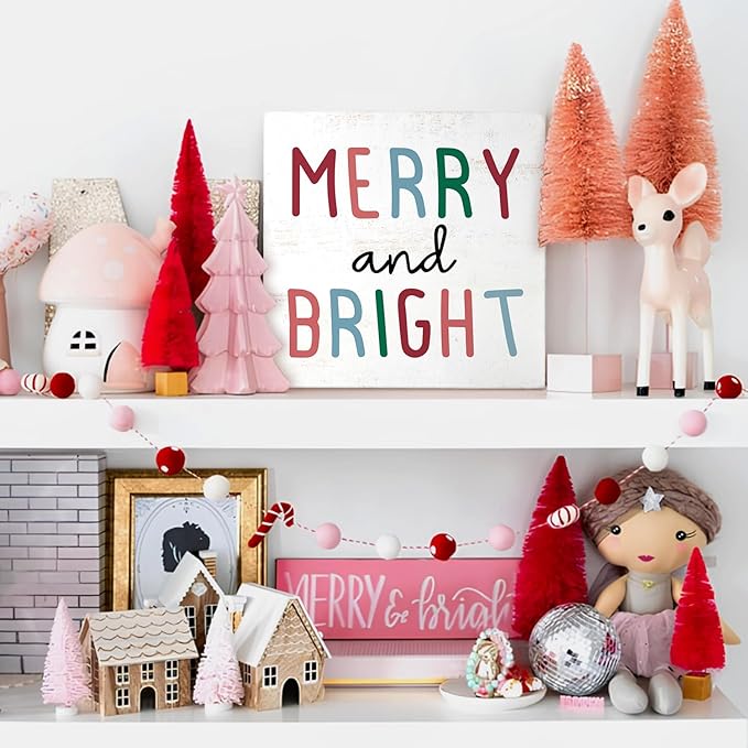 Mtrgdn Pastel Christmas Decoration for Home, Merry and Bright Xmas Wooden Box Sign Decor, Xmas Holiday Gifts, Merry Christmas Rustic Home Bedroom Bathroom Shelf Desk Decoration 5x5