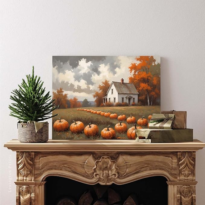 Autumn Pumpkin Patch Print Country Farm Natural Scenery Decorative Painting Suitable for Home Decor Bathroom Bedroom Living Room Decoration28x40in(70x100cm)- Framed