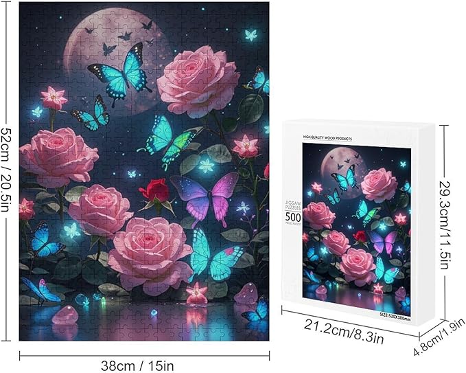 Wooden Puzzles 500 Piece，Butterfly and Rose Themed Jigsaw Puzzles Challenge Puzzles，Educational Games，Family Puzzles，Unique Gifts for Wall Art，Funny Puzzles