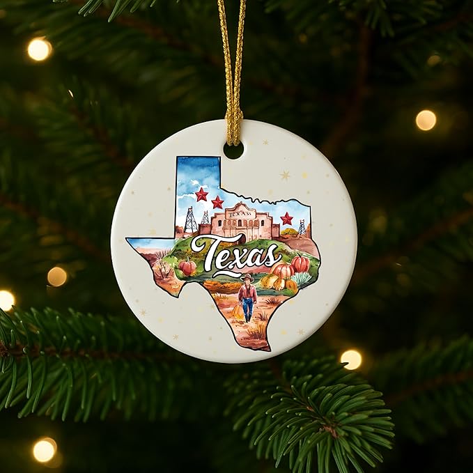 USA State Landmark Ceramic Ornament – Round Glossy Christmas Decoration Featuring U.S. State Art, Landmarks & Holiday Scenery – Collectible Travel Souvenir Ornament Series (Texas)