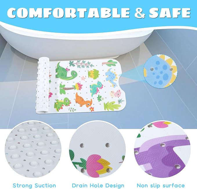 Baby Bath Mat for Tub Non Slip Kids Bathtub Mat Extra Long 40X16 Inch Toddler Bath Tub Shower Mat Anti Slip with Suction Cups & Drain Holes, Machine Washable (Forest Dinosaur)