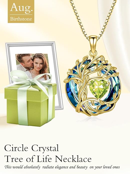 TOUPOP Tree of Life Birthstone Necklace 925 Sterling Silver Pendant Austrian Crystal Jewelry Anniversary Valentine's Day Birthday Gifts for Women Mom Her Wife
