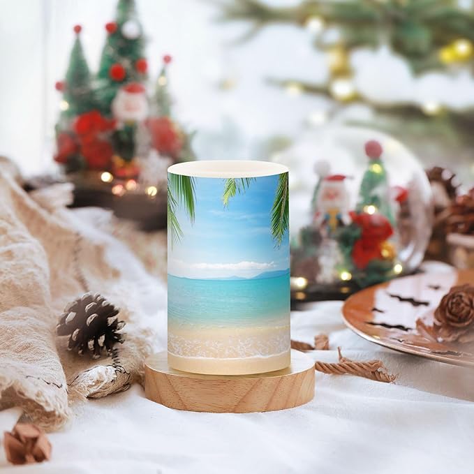 ALAZA Summer Beach with Green Coconut Trees Flickering Flameless Candles Battery Operated with Remote Timer,Tea Light Candles LED Pillar Votive Candles Set of 2 for Outdoor Indoor Decorations