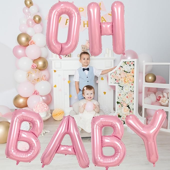 40 Inch Pastel Pink OH BABY Balloon for Baby Shower, Large Light Pink OH BABY Balloon Letters with Ribbon, Pearl Pink Alphabet Balloons Banner Sign for Girl Birthday Party Backdrop Decorations