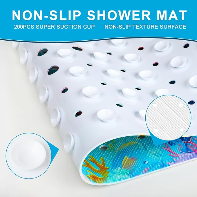 XIYUNTE Baby Bath Mat for Tub Non Slip Kids Bath Mat - 40''x16'' Extra Long Cartoon Whale Baby Bath Tub Mat Eco-Friendly Toddler Bath Mats with Suction Cups & Drain Holes Easy to Clean & Easy Drying