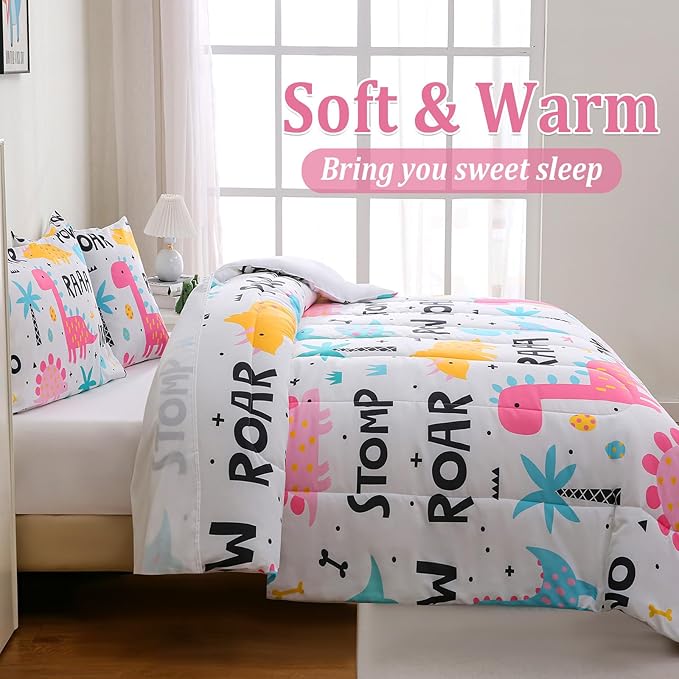 6 Pcs Bed in A Bag Dinosaur Bedding Full Comforter Set for Girls,Pink Dinosaur Bedding Sets with Sheets for Kids