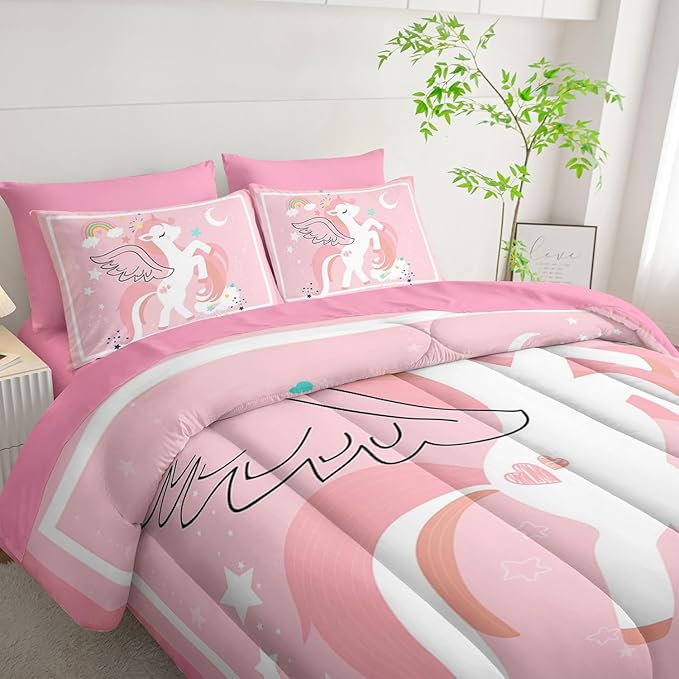 7Pcs Comforter Set Cartoon Pink Unicorn Printed Bedding Set with 1 Comforter,1 Flat Sheet,1 Fitted Sheet and 4 Pillowcases for Boys and Girls Bedroom All Season(Twin)