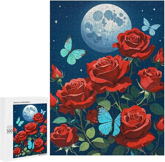 Jigsaw Puzzles for Adults 500 Piece - Butterfly Red Rose Garden Wooden Puzzles, Funny Puzzles，Unique Gifts for Wall Art，Family Puzzles，Educational Games，Challenge Puzzles