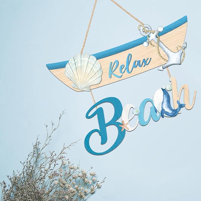 CHDITB Beach Theme Wooden Sign, Nautical Shell Anchor Summer Wooden Hanging Plaque, Relax Beach Front Door Sign Decor, Coastal Boat Beachy Wall Art Sign Hanger For Living Room, Bedroom, Office Coastal Room Decor