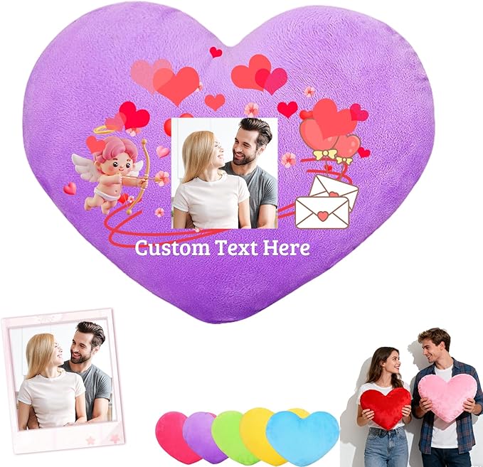 Custom Heart Pillow with Insert, Personalized Heart Shaped Pillow with Photo Text as Valentine Pillows for Girlfriend Boyfriend Home Decor Personalized Gifts for Valentines Day Anniversary