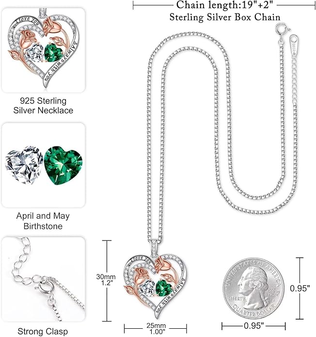 Iefil Valentines Day Gifts for Her - 925 Sterling Silver Rose Heart Birthstone Necklace Birthday Anniversary Jewelry Gifts for Her Wife Mom Daughter