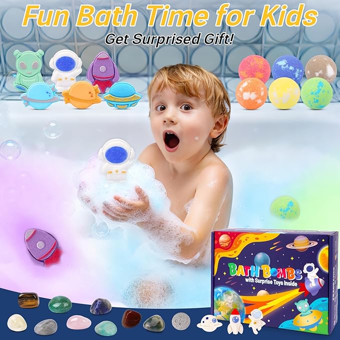 Galaxy Bath Bombs for Kids with Surprise Inside, 12pcs Planet Bath Bombs with Space Gemstones, Organic Essential Oil Bubble Bath for Kids Boys Girls Christmas Birthday Gift