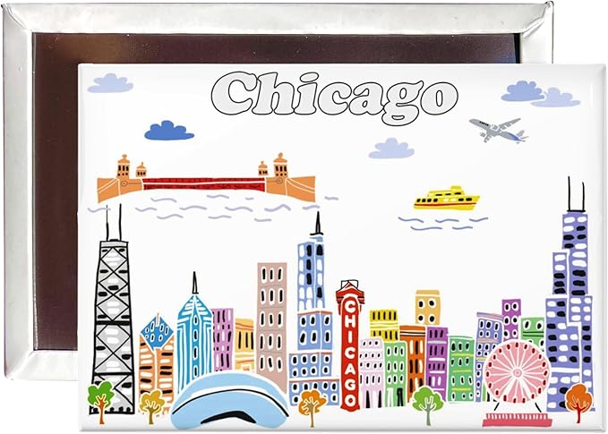 City Themed Artwork Magnet Collection by Beary Blu - Designed in The USA, Collectible Souvenirs Gifts 2.5" x 3.5" (Chicago)