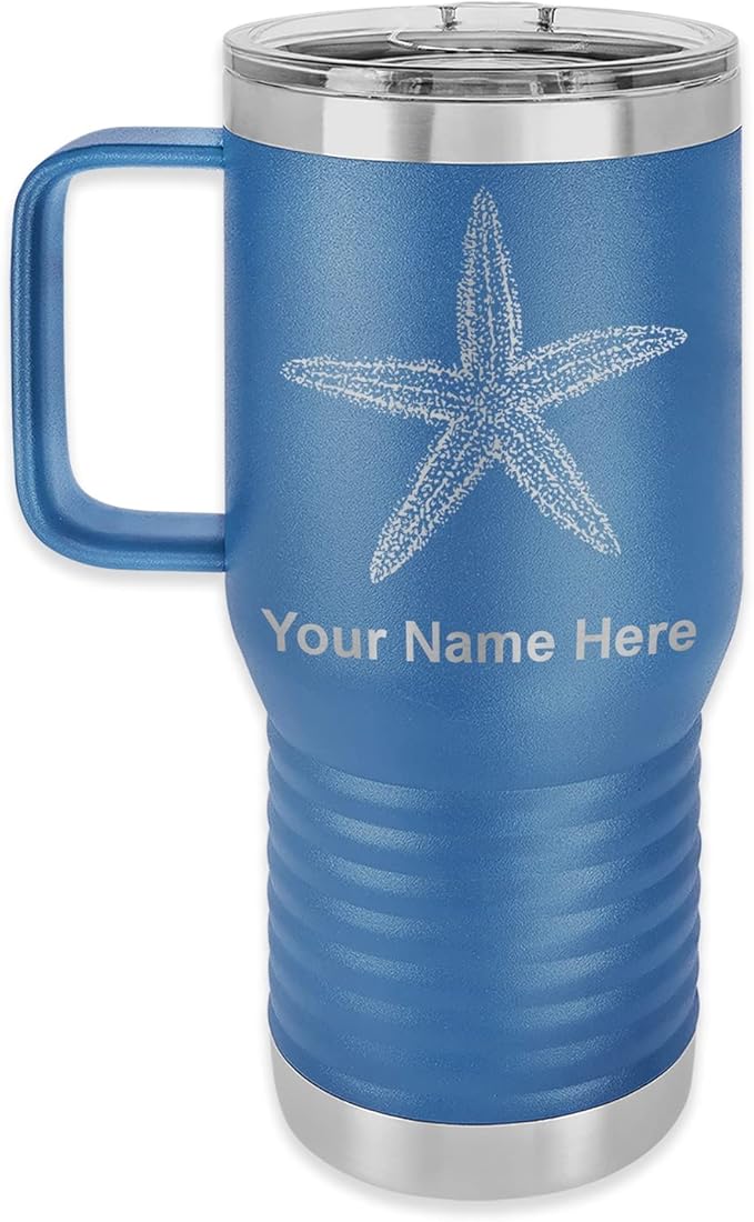 LaserGram 20oz Vacuum Insulated Travel Mug with Handle, Starfish, Personalized Engraving Included (Dark Blue)