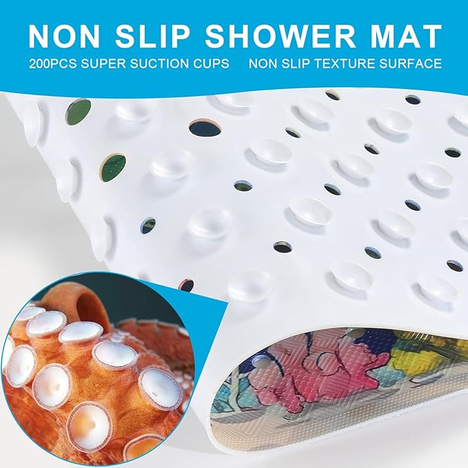 XIYUNTE Baby Bath Mat for Tub Non Slip Kids Bath Mat - 40''x16'' Extra Long Cartoon Turtle Baby Bath Tub Mat Eco-Friendly Toddler Bath Mats with Suction Cups & Drain Holes, Easy to Clean & Easy Drying