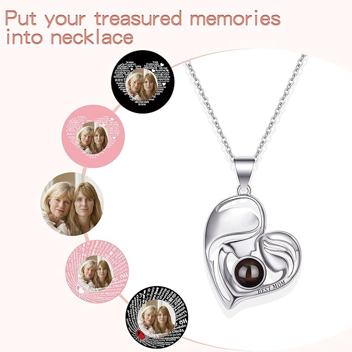 SUPHELPU Personalized Mother's Day Gifts for Mom From Daughter - Custom Photo Necklace With Picture Inside - Projection Necklace for Mom - Memorial Gift
