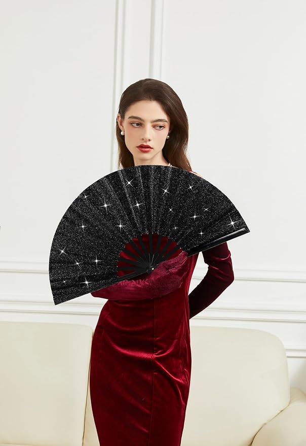 Huralona 4 Pack Large Folding Hand Clap Fan Fabric Rave Popping Glitter Fans Chinese Kung Fu Tai Chi Hand Fan Festival Dance Gift Performance Decorations (Glitter-Red)