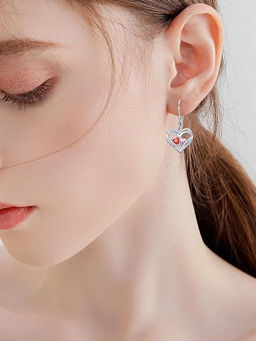Heart Leverback Earrings Double Birthstone Dangle Earrings for Women, Love Jewelry for Her, Christmas Gifts for Women, Anniversary Birthday Gift for Mom Wife Girlfriend
