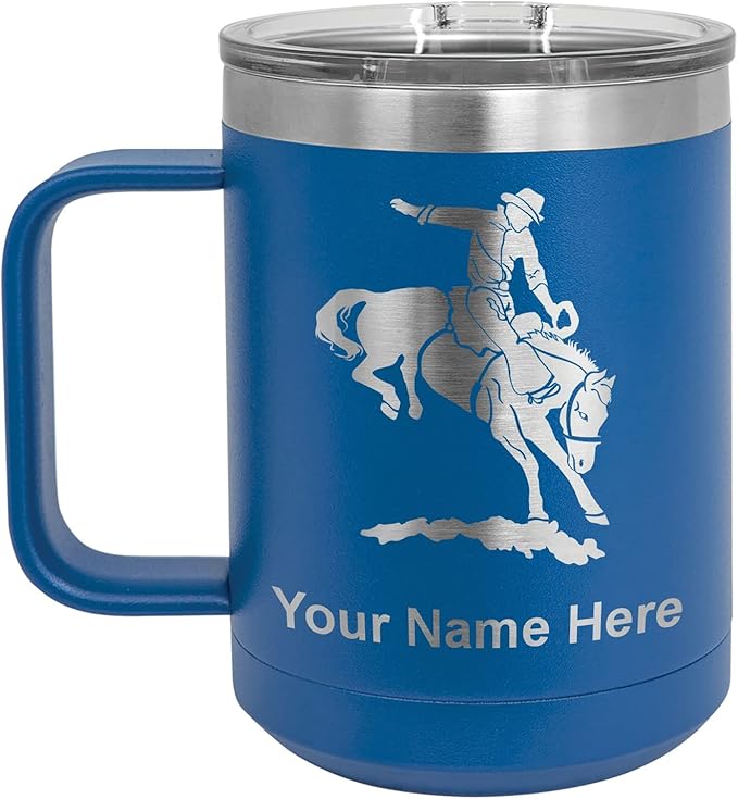 LaserGram 15oz Vacuum Insulated Coffee Mug, Bronco Rider, Personalized Engraving Included (Dark Blue)