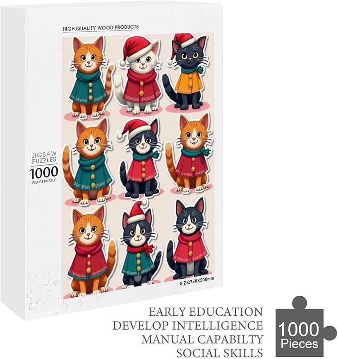Wooden Puzzle 1000 Pieces Adult - Christmas Cat Puzzle Christmas Puzzles, Holiday Puzzles, Family Toys, Party Games, Jigsaw Puzzle Challenge and Funny