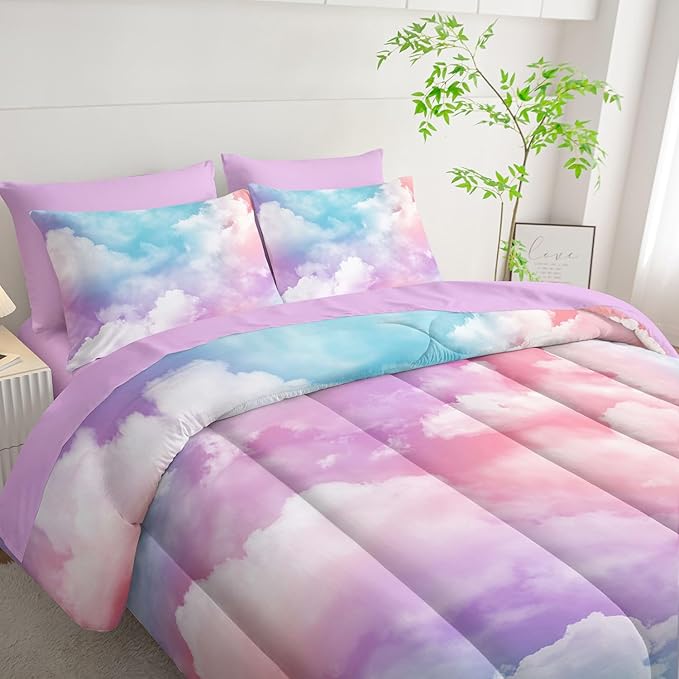 7Pcs Comforter Set Colorful Clouds Printed Bedding Set with 1 Comforter, 1 Flat Sheet, 1 Fitted Sheet and 4 Pillowcases for Boys and Girls Bedroom All Season(Full)