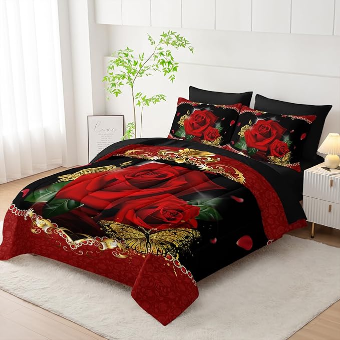 AILONEN 3D Oil Painting Red Rose Comforter Set Full Size,7-Piece 3D Rose and Butterfly Pattern Bed in a Bag,Comforter & Fitted Sheet with Flat Sheet & 2 Pillowcases,2 Pillow Cases for Bedroom