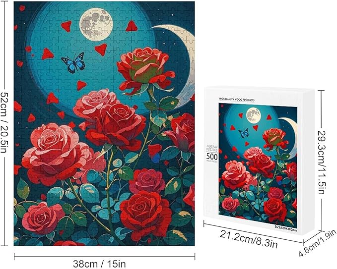 Jigsaw Puzzles for Adults 500 Piece - Butterfly Red Rose Garden Wooden Puzzles, Puzzle Games, Stress Relief Games, Funny Puzzles，Unique Gifts for Wall Art，Family Puzzles