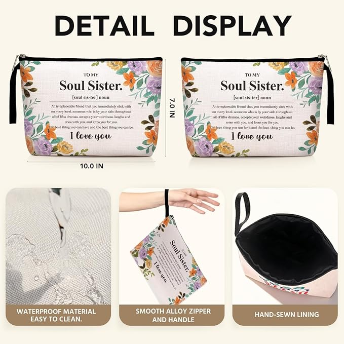 Sisters Gifts from Sister Inspirational Soul Sister Definition Noun Makeup Bag Friendship Gifts for Women Best Friends Women Bestie BFF Cosmetic Bag Zipper Pouch Bag Travel Bag for Christmas Birthday