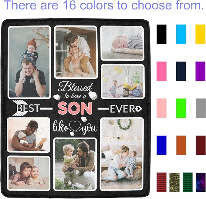 Custom Blanket Gifts for Son, Customized Blankets with Photos, Make a Personalized Bed Throws to My Son, Custom Souvenir Throw Blanket for Best Son Ever, 8 Collages Made in USA