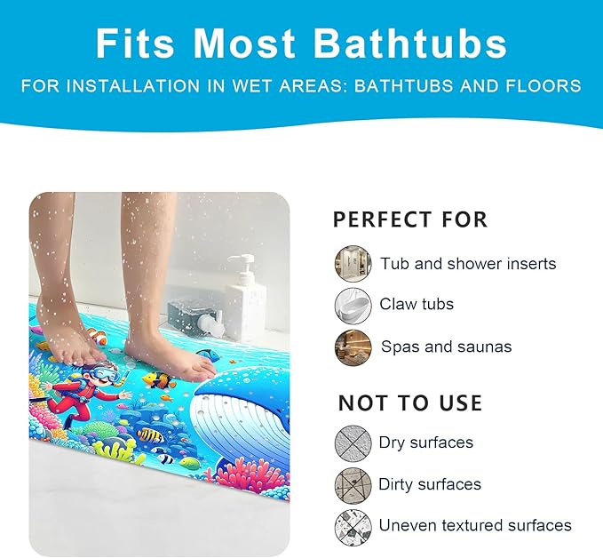 XIYUNTE Baby Bath Mat for Tub Non Slip Kids Bath Mat - 40''x16'' Extra Long Cartoon Bathtub Mat Non Slip Kids Shower Mat Eco-Friendly Toddler Bath Mats with Suction Cups, Machine Washable