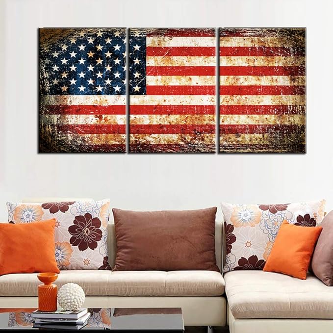 Native America Home Decor Grunge USA Flag Paintings Patriotic Pictures Blue White Artwork 3 Panel Canvas Textured Wall Art for Living Room HD Prints Giclee Framed Stretched Ready to Hang(60''Wx28''H)