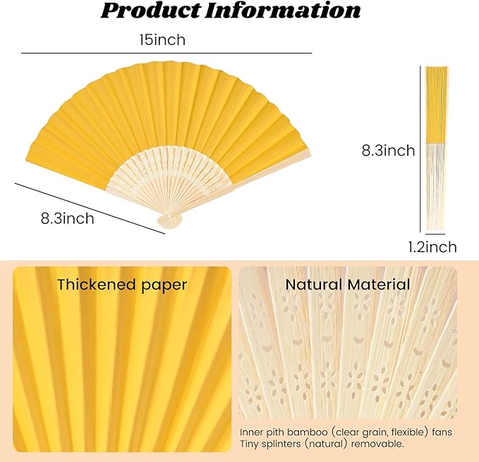 JOHOUSE 12 Pcs Foldable Hand Fan, 8.3 Inch Yellow Paper Fans for Lemon Party Decorations, Wedding, Baby Shower DIY Crafts Photography Props