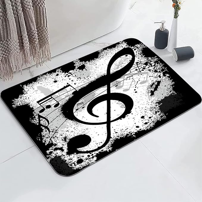 Black and White Music Notation Bathroom Mat, Non-Slip Super Absorption Bath Carpet with Rubber Backing, Fit Under Bathroom Doormat Floor Rugs for Shower Buthtub Sink, 17"x24"
