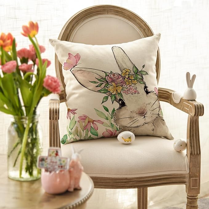 AVOIN colorlife Easter Floral Garland Bunny Throw Pillow Cover, 16 x 16 Inch Spring Rabbit Holiday Cushion Case Decoration for Sofa Couch