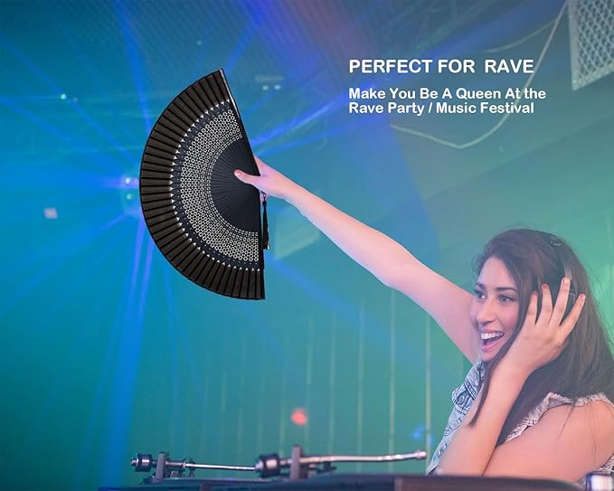 Hand Held Fan for Women Foldable, Chinese Japanese Vintage Bamboo Silk Folding Fans Hand Fan for Dance Music Festival Wedding Church Decoration (Black-O)