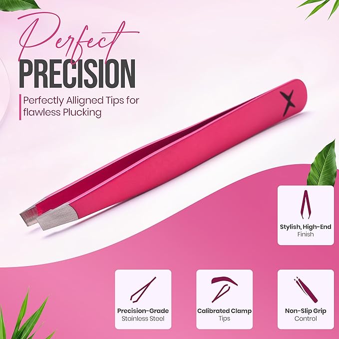 Slanted Stainless Steel Tweezers for Men & Women - Precision Eyebrow Tweezers for Facial Hairs, Strong Grip, Fine Tip, Professional Tweezer for Plucking & Grooming (Neon Pink)