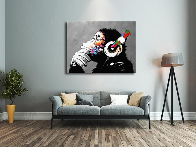 Wieco Art Monkey With Headphones Banksy Graffiti Art Abstract Canvas Painting Posters and Prints Animal Canvas Wall Art for Wall Decor and Home decorations Office Decor