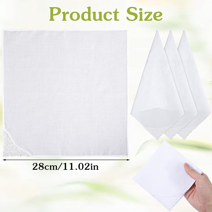 6Pcs Handkerchiefs for Women, White Cotton Square Handkerchief for Women, Soft Lace-Trimmed Hankies with Elegant Embroidery, Ladies Handkerchiefs for Afternoon Tea, Weddings & Daily Elegance(11 inch)