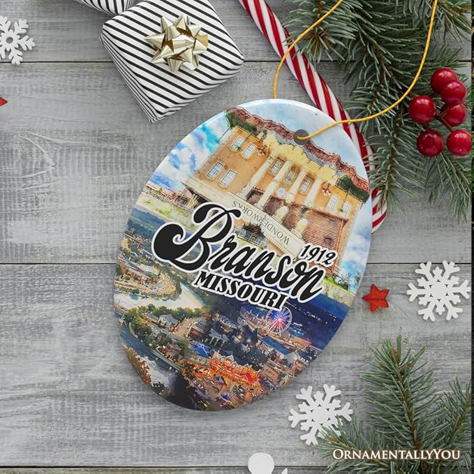 Culturally Vibrant Branson City Ceramic Ornament, Missouri Souvenir and Christmas Tree Decor (Oval)