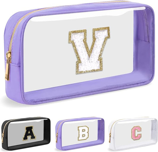 Personalized Initial Letter Clear Makeup Bag,Preppy Small Nylon&PVC Cosmetic Zipper Bag with Chenille Letter,Travel Skincare Toiletry Bag,Monogram Christmas Gift for Teen Girls Women,V