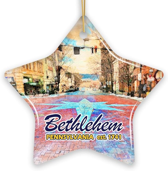 Historical Bethlehem City Ceramic Ornament, Pennsylvania Travel Christmas Keepsake