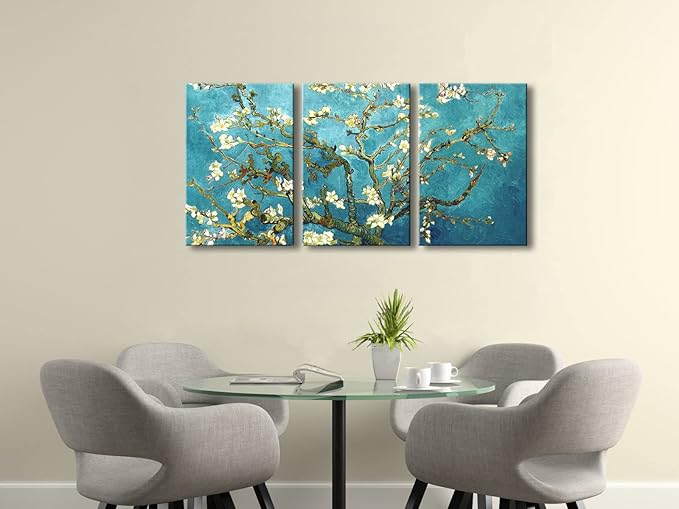 Wieco Art Giclee Canvas Prints Wall Art for Wall Decor by Van Gogh Paintings Almond Blossom Modern 3 Piece Stretched and Framed Abstract Flowers Artwork Home Office Decorations