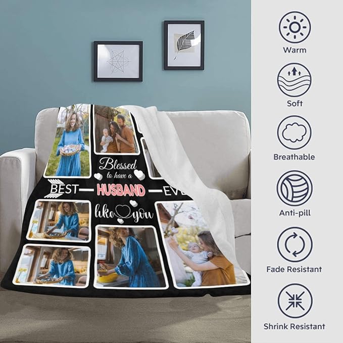 Custom Blanket Gifts for Husband, Customized Blankets with Photos, Make a Personalized Bed Throws to My Husband, Custom Souvenir Throw Blanket for Best Husband Ever, 8 Collages Made in USA