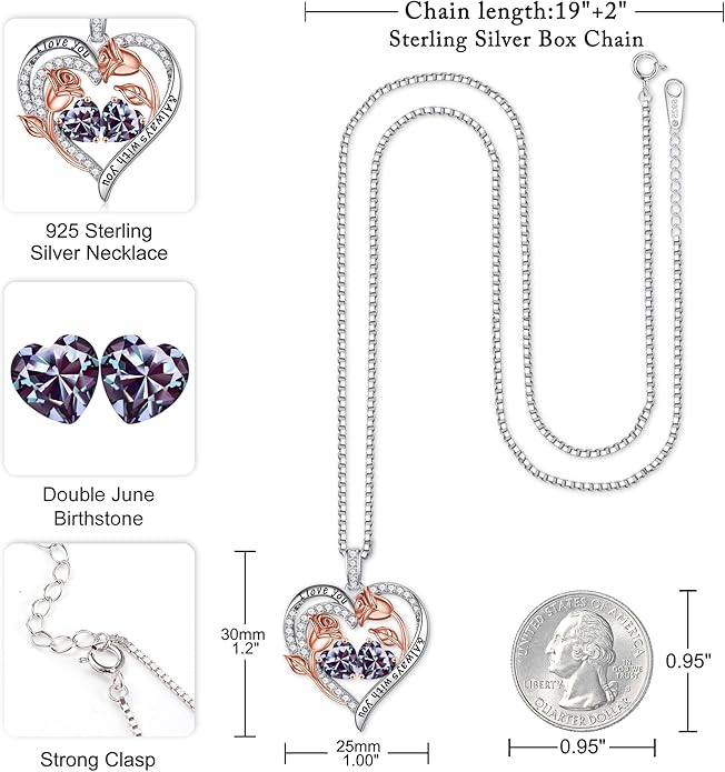 Iefil Valentines Day Gifts for Her - 925 Sterling Silver Rose Heart Birthstone Necklace Birthday Anniversary Jewelry Gifts for Her Wife Mom Daughter