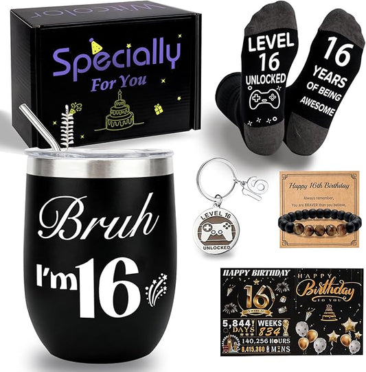 16th Birthday Gifts For Boys,16 Year Old Boy Birthday Gifts Ideas with 12 Oz Tumbler, Funny Socks,Birthday Card, Bracelet, Keychain,Coolest Gifts for Boys Son Grandson Nephew Friend Birthday